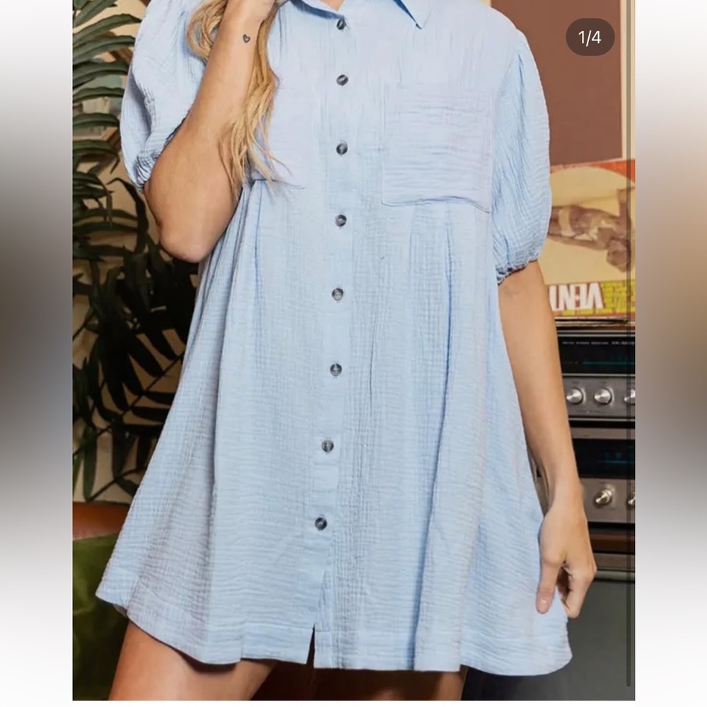 Ces Femme Linen Light Blue Dress with Pickets OS fits M - Picture 3 of 8